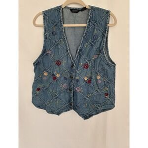 Vintage 90s Agapo Denim Embroidered Western Vest Large Floral